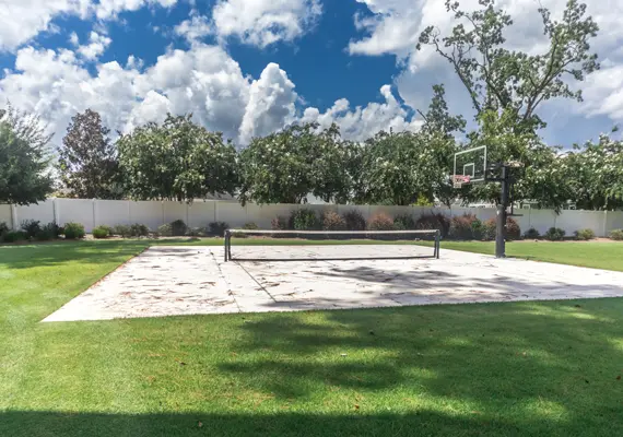 Backyard landscaping with sand volleyball court in Edwardsville IL