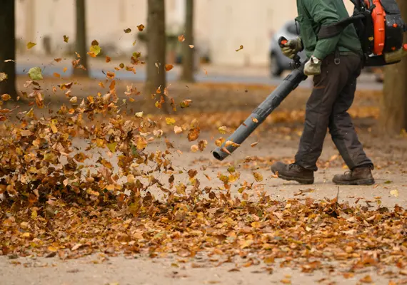 Leaf removal service in Edwardsville IL using backpack blower